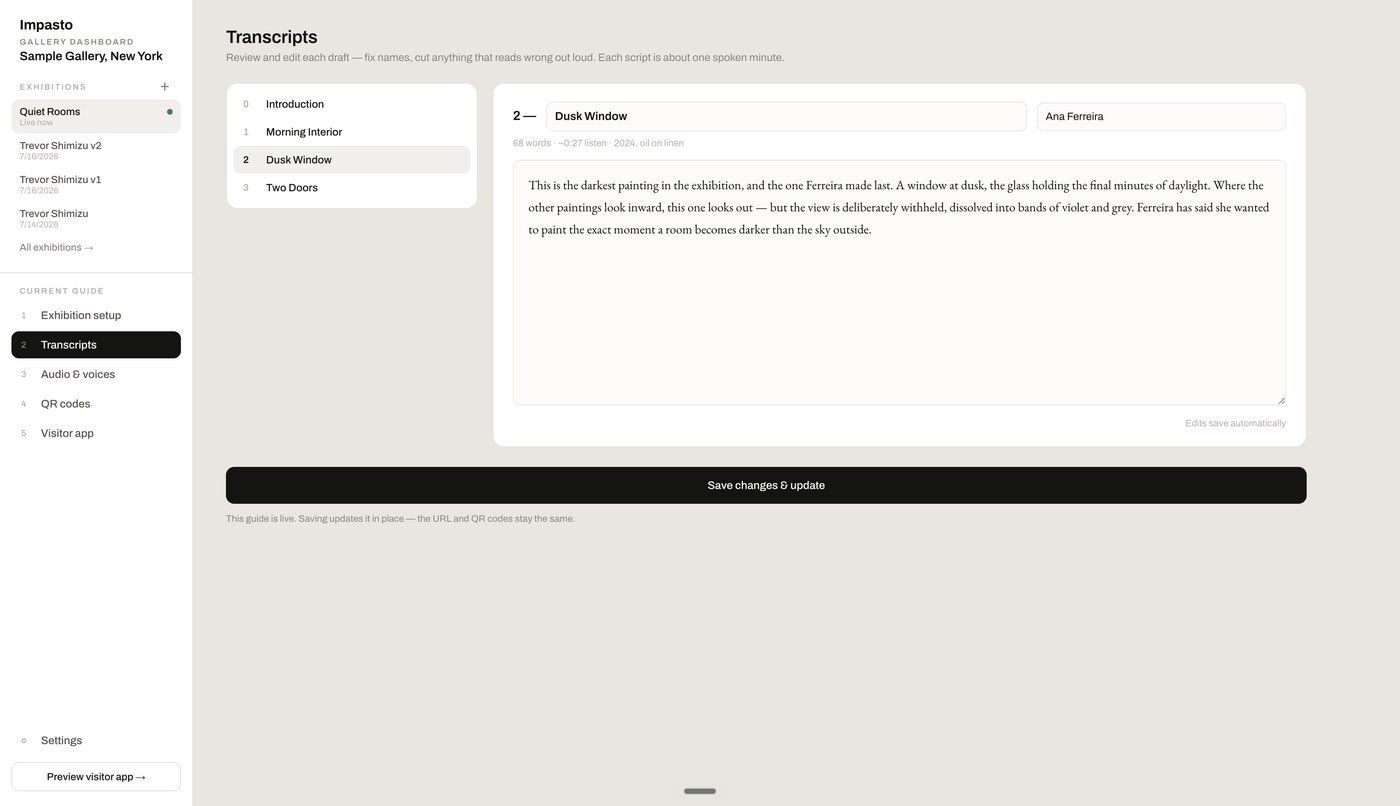 Impasto transcript editor, reviewing the drafted audio guide script for a painting.