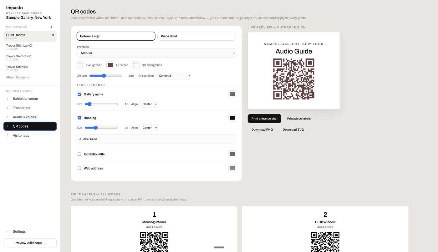 Impasto QR code screen, styling the entrance sign and per-piece labels for print.